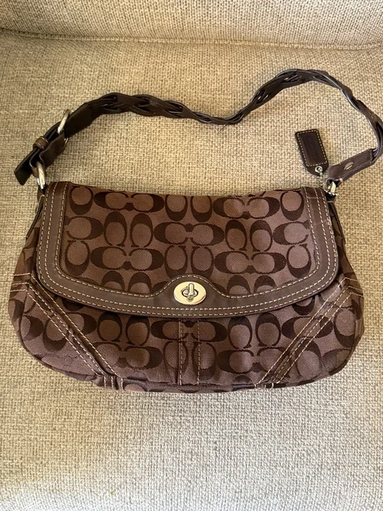 Coach Brown Signature Canvas Shoulder Bag with Woven Strap - Picture 1 of 5